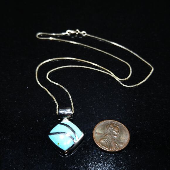 Vintage Lucite Turquoise Pendent Necklace, Sterling Italy Box Chain - Picture 9 of 10